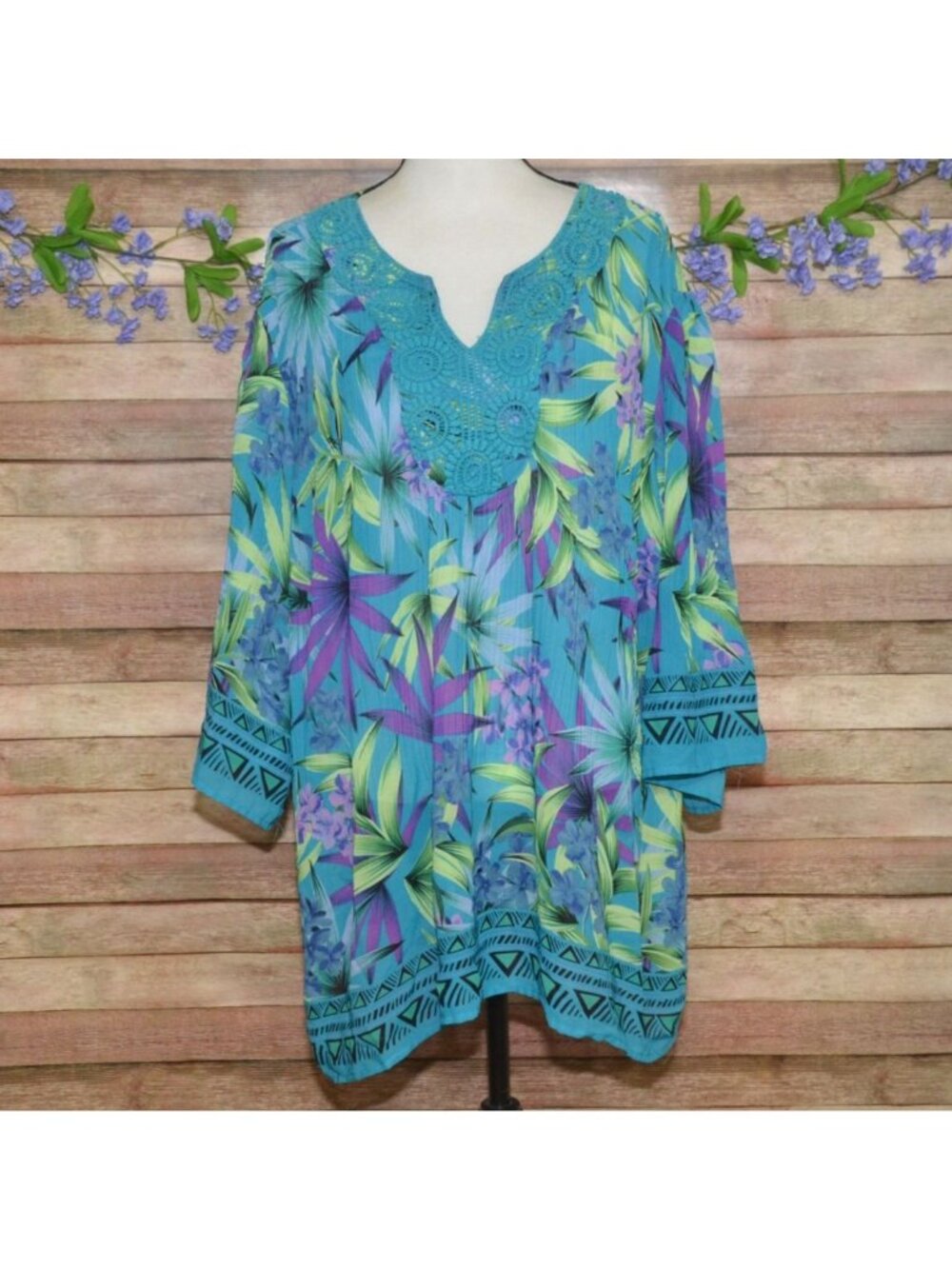 Catherines Womens 1X Tropical Floral Lace Blouse Top Vacation Beach Cruise